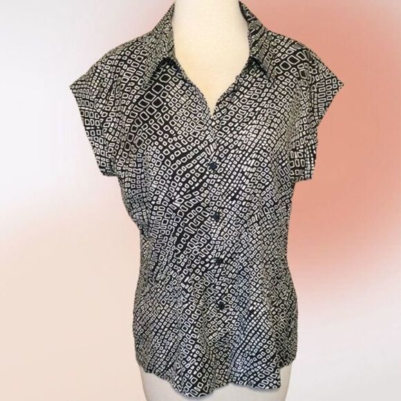 RAFAELLA Black White‎ Button Front Blouse L NWOT - Picture 1 of 12